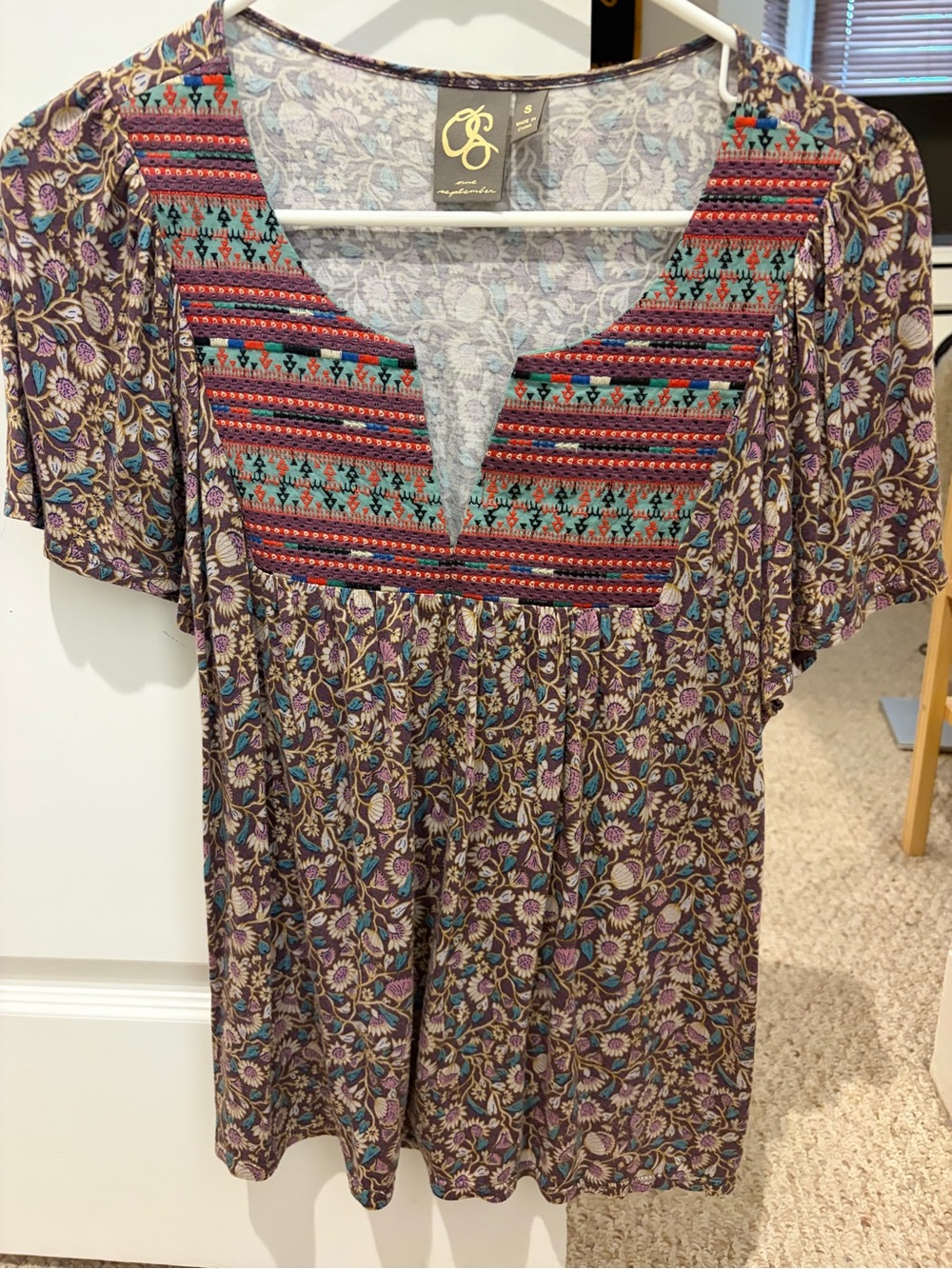 Embellished Floral Peasant Blouse in Purple and Teal